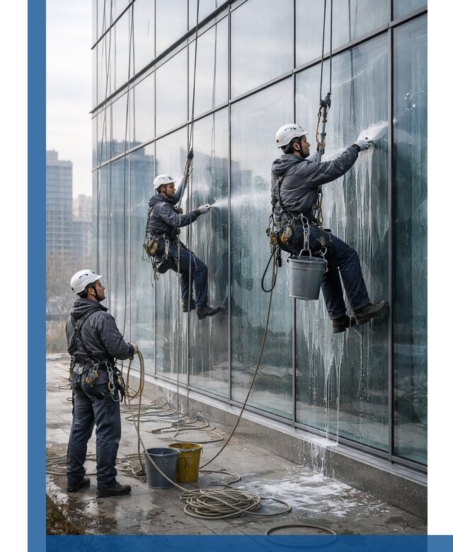 Промышленная мойка панорамных окон на высоте в Воронеже