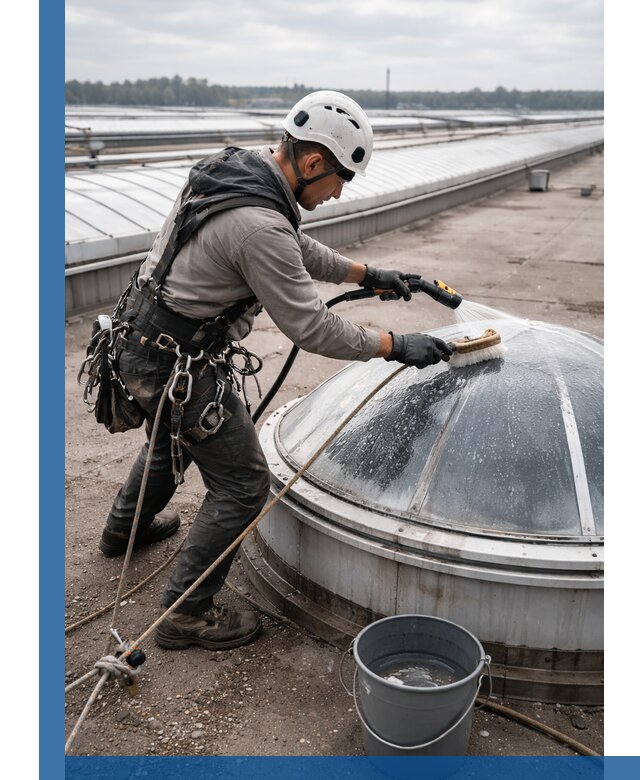 Мойка зенитных фонарей на кровле для промышленных объектов в Воронеже