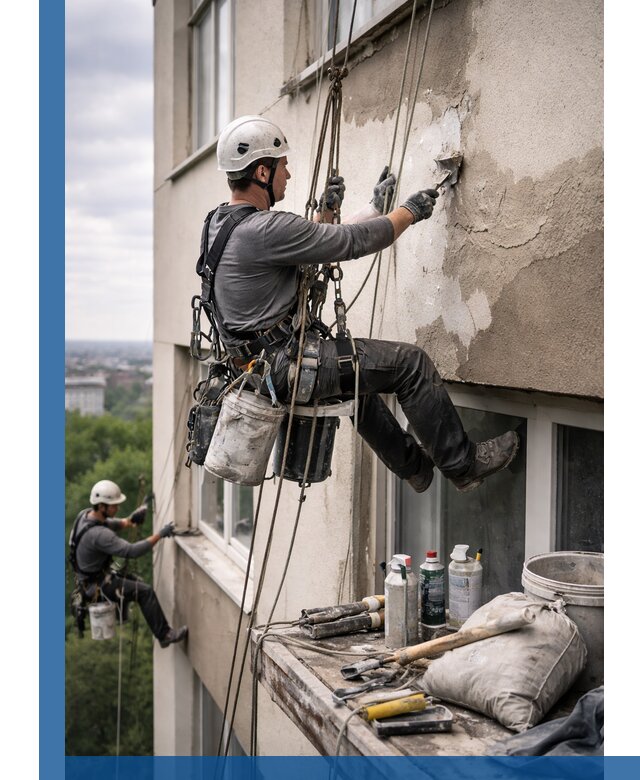 Косметический ремонт фасада зданий в Воронеже промышленными альпинистами