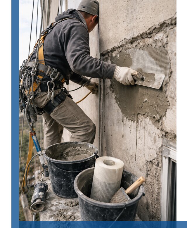 Ремонт бетонных элементов фасада промышленными альпинистами в Воронеже