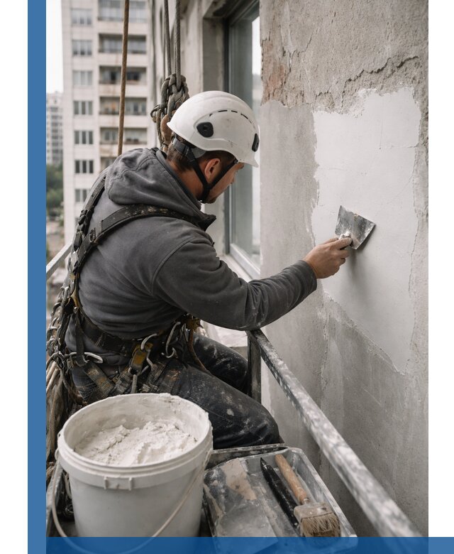 Шпаклевка фасадов на высоте с промальпинистами в Воронеже