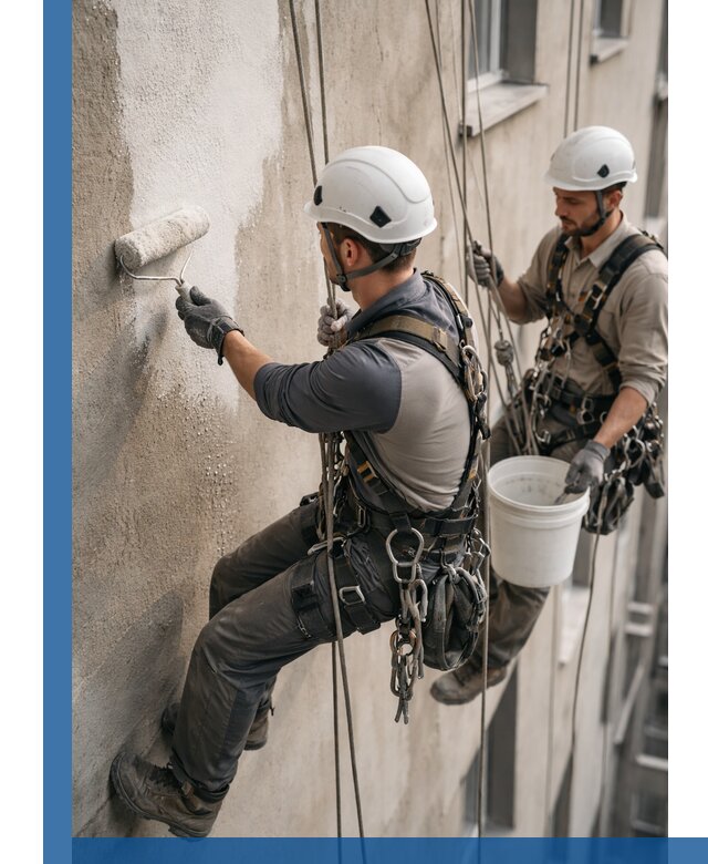 Грунтовка фасада на высоте в Воронеже промышленными альпинистами