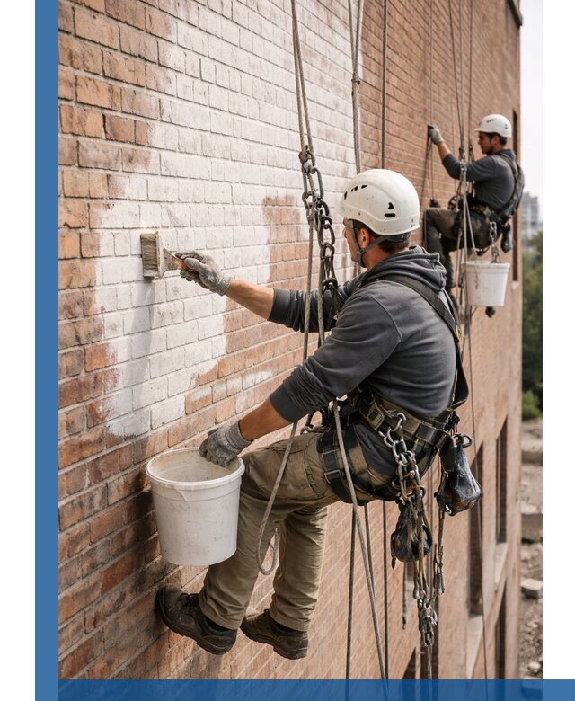 Покраска кирпичного фасада с доступным альпинистским сервисом в Воронеже