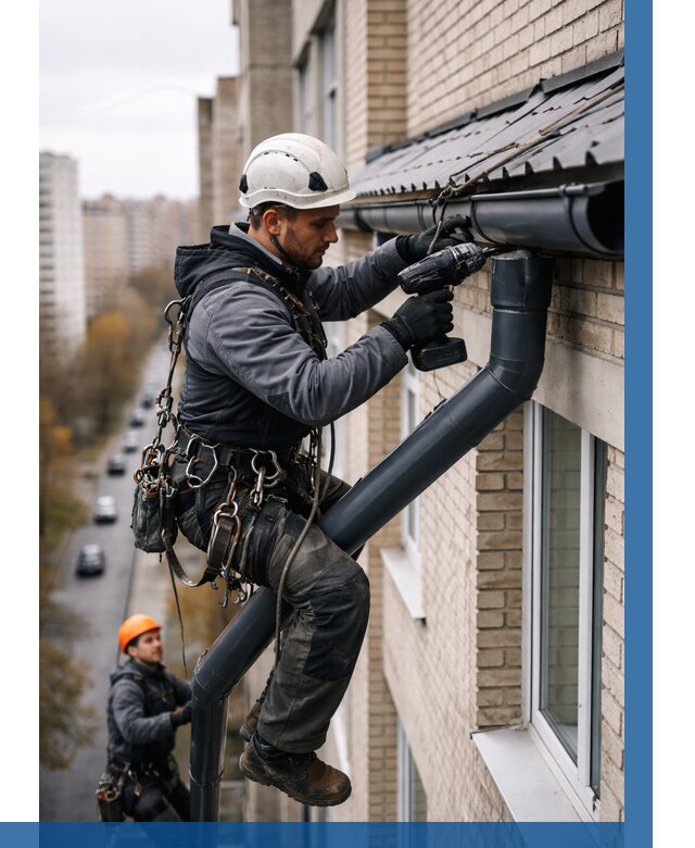 Монтаж водосточной системы на здании в Воронеже от 5371 р. | ВЫСОТНИК-Врн