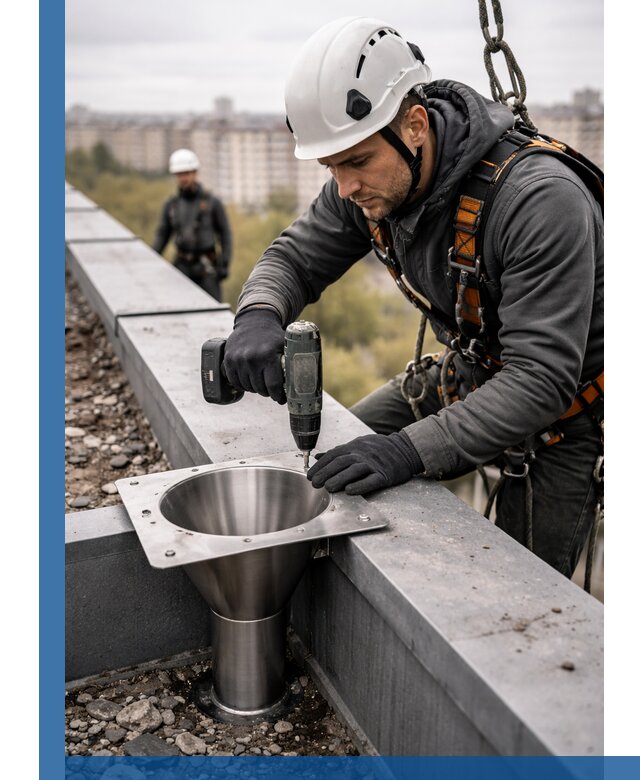 Монтаж водосточных воронок в Воронеже для промышленных зданий