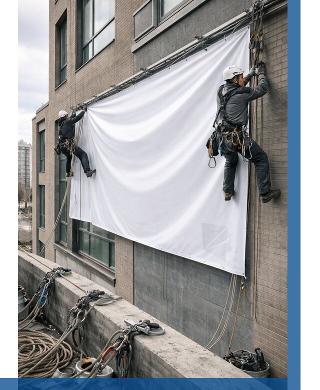 Монтаж баннеров на фасаде в Воронеже от 698 р. заказать ВЫСОТНИК-Врн