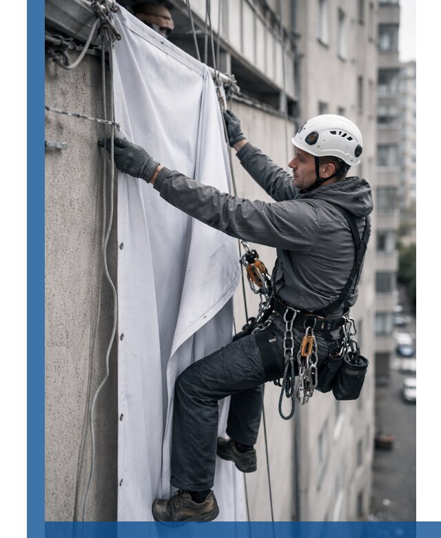 Замена баннерного полотна промышленными альпинистами в Воронеже