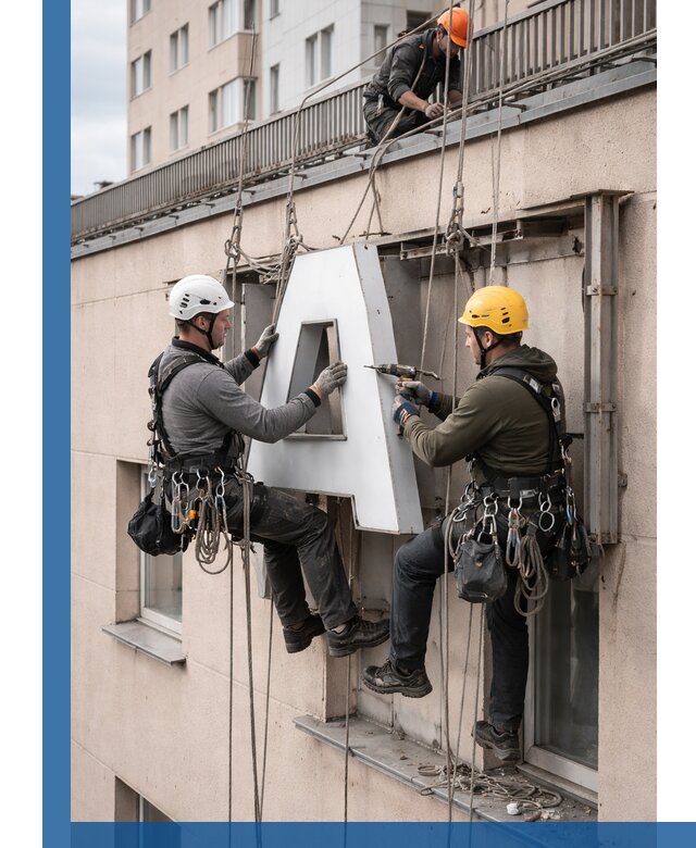 Ремонт и восстановление наружных вывесок на высоте в Воронеже