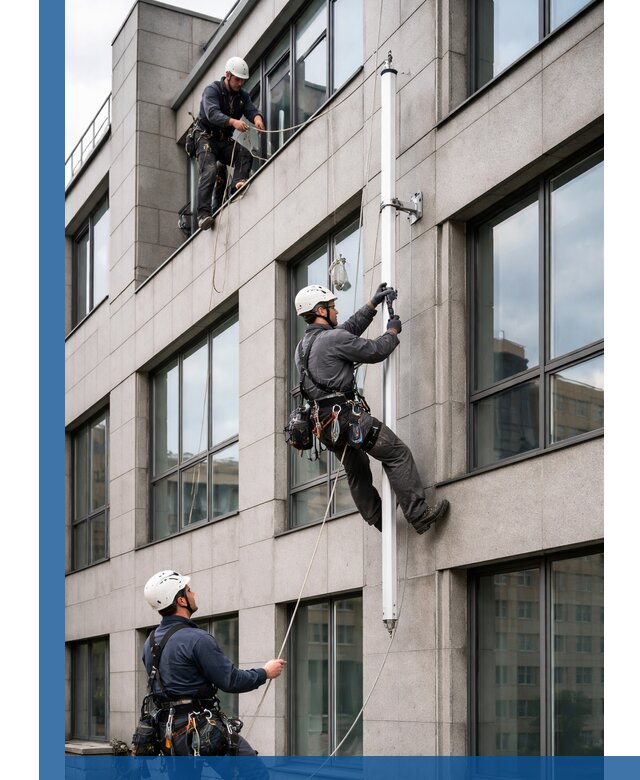 Монтаж флагштока на фасаде здания с креплением и герметикой в Воронеже