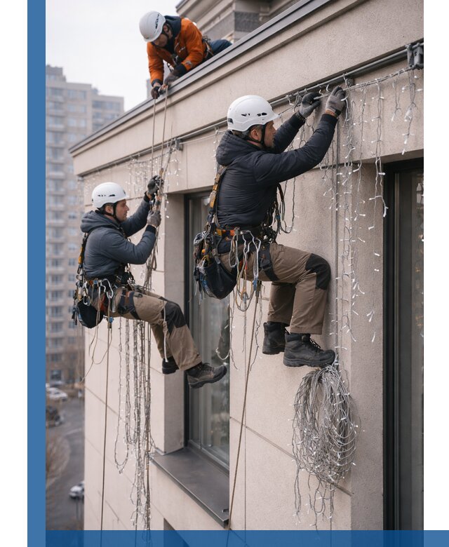 Монтаж праздничных гирлянд на фасаде в Воронеже для зданий