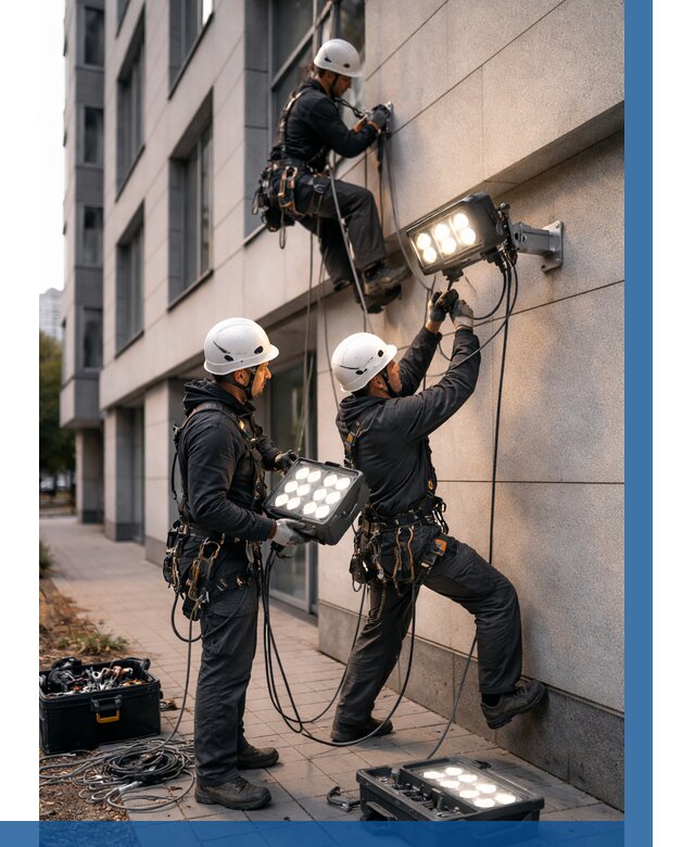 Монтаж прожекторов на фасаде в Воронеже от 8056 р. | ВЫСОТНИК-Врн