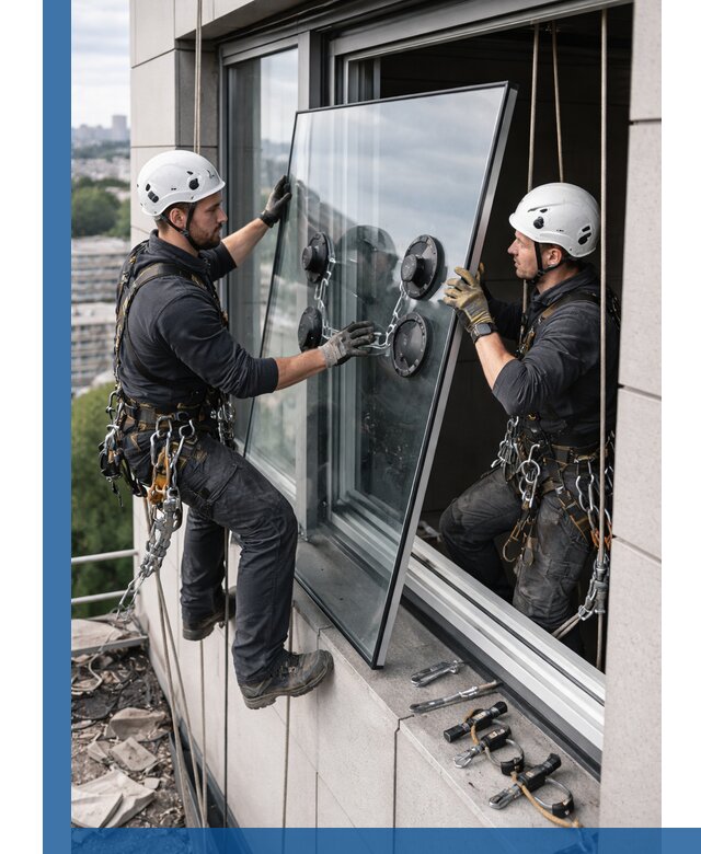 Замена стеклопакетов на высоте с промышленными альпинистами в Воронеже
