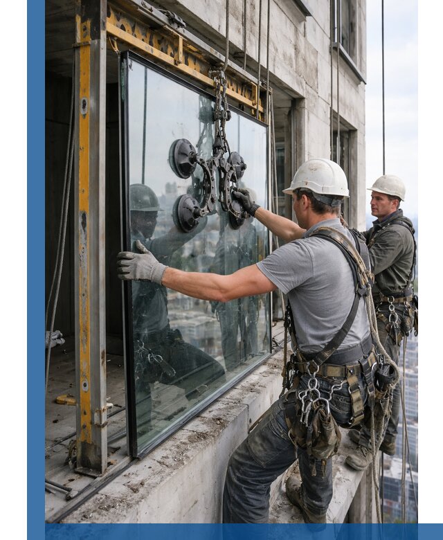 Монтаж стеклопакетов на высоте в Воронеже с промышленным альпинизмом