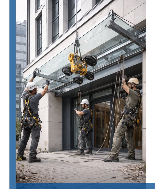 Монтаж стеклянных козырьков под ключ в Воронеже для зданий