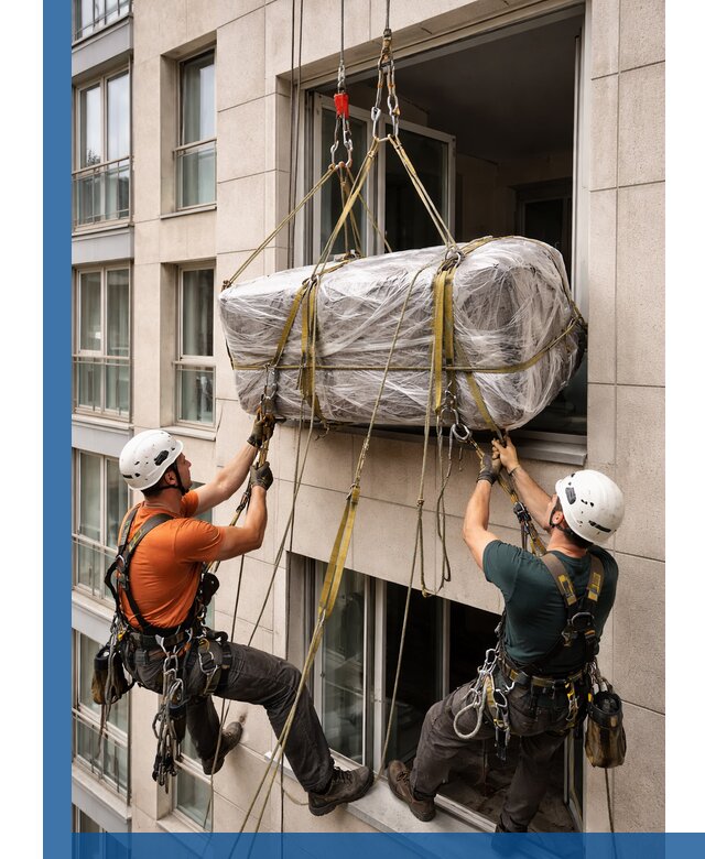 Подъем грузов через окно в Воронеже промышленными альпинистами