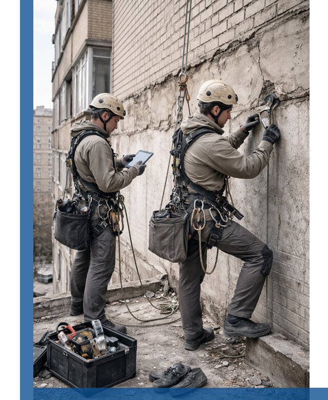 Обследование фасада промышленными альпинистами в Воронеже